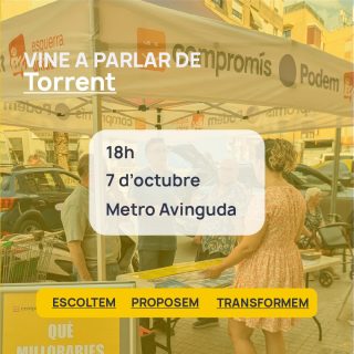 Demà ens podràs trobar a l'avinguda a l'atura de la parada Torrent Avinguda 🤩  Disposarem de fulls d'arreplegada de signatures contra la taxa del fem i models de recurs de reposició contra la notificació 💪  A més, tindreu un detallet que vos regalarem per a celebrar la mocadorà del dia 9 😍🫶  Escoltem. Proposem. Transformem.