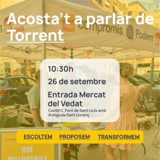 🛑 Tauleta informativa a l'entrada del mercat del Vedat🛑  Acosteu-vos a parlar de Torrent i del Vedat a la taulera que instal·larem en el cantó entre l'avinguda Sant Llorenç i el carrer de la Font de Sant Lluís. Podreu informar-vos de les vostres preocupacions, així com signar per la derogació de la taxa del fem.  També disposarem d'un model de recurs de reposició perquè pugueu recórrer la notificació de la taxa del fem.  Ens veiem demà! 🫶
