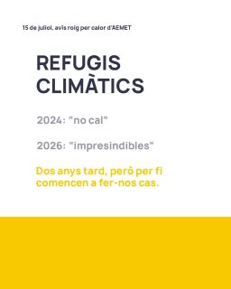 🌡️ Refugis climàtics a Torrent... dos anys tard.  L'avís roig d'este dimarts va fer que el govern de PP-Vox activara 11 espais com a refugi climàtic. El problema? En 2024 ja els vam proposar crear una xarxa i ho van rebutjar.  A més, l'horari d'alguns llocs deixa la vesprada sense cobertura i altres espais no estan preparats per a acollir gent còmodament.  Proposem una xarxa permanent, oberta tot l'estiu, amb activitats i recursos perquè la gent hi puga estar còmodament, a més que l'urbanisme es faça amb mirada per a adaptar els nostres carrers contra l'efecte illa de calor i poder gaudir d'espais verds i frescos durant l'estiu a tot arreu de la ciutat.
