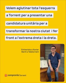 🗣️ Xavier Martí ha parlat clar en l'última entrevista a Teletorrent/L'Opinió de Torrent. Tres temes clau per a Torrent:  ✊ Una candidatura unitària d'esquerres: treballem per a plantar cara a l'extrema dreta i transformar la ciutat des d'un projecte comparti i per a totest.  🌡️ Climatització dels centres educatius: el pressupost ja està disponible gràcies a una proposta nostra, però el govern local (PP-VOX) continua paralitzat i sense donar explicacions sobre com avança el procés.  🗑️ Taxa del fem: no compleix el principi de "qui contamina, paga". La derogarem i en farem una amb trellat, justa per a la ciutadania.  👉 Vols veure l'entrevista completa? La tens ací: comprom.is/5WQu5jJ