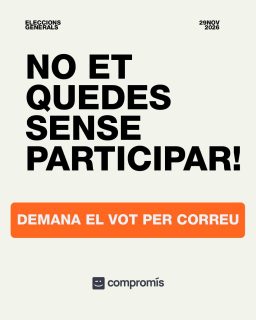 📬 No et quedes sense participar! Demana el vot per correu per a les eleccions generals del 29 de novembre.  Pots fer-ho presencialment a les oficines de Correus o electrònicament (enllaç a la bio).  ⏰ Sol·licitud: fins al 19 de novembre.  ⚠️ Una vegada sol·licitat el vot per correu, no podràs votar presencialment.