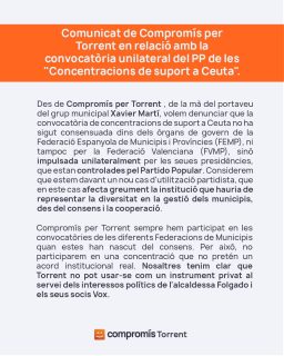 🟠COMUNICAT COMPROMÍS PER TORRENT🟠  Vos expliquem el nostre posicionament sobre la convocatòria unilateral per part del PP de les "Concentracions en suport a Ceuta".
