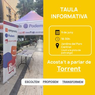 Demà muntarem una tauleta informativa al Parc Central! Ens veiem allí a les 18:30 per a xerrar del Torrent en el qual volvem viure. També disposarme de formularis anònims perquè ens digueu quins problemes considereu que té la nostra estimada ciutat.  Vos esperem! 🫶🏼