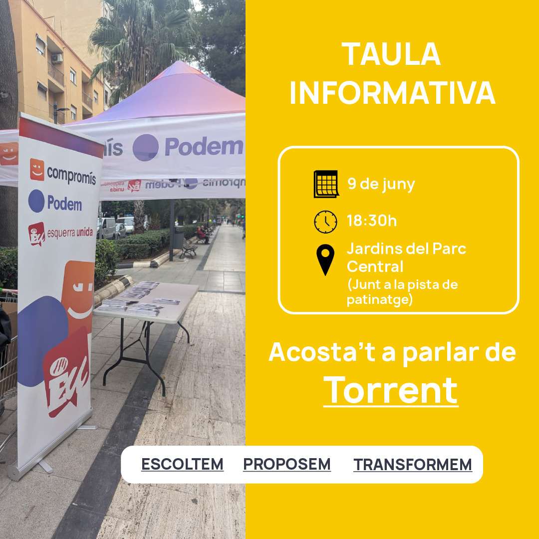 Demà muntarem una tauleta informativa al Parc Central! Ens veiem allí a les 18:30 per a xerrar del Torrent en el qual volvem viure. També disposarme de formularis anònims perquè ens digueu quins problemes considereu que té la nostra estimada ciutat.  Vos esperem! 🫶🏼