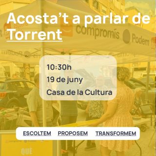 Demà  estarem al mercat dels divendres des de les 10:30h  amb una tauleta informativa sobre les nostres propostes en matèria de drets LGTBIAQ+, contaminació acústica, habitatge públic i neteja de la ciutat.  A més, podràs omplir de manera anònima un formulari per a dir-nos fins a 3 problemes de Torrent i les teues propostes per a millorar-la. Perquè la millor política és la que naix de la ciutadania.  T'esperem! 🫶🏼  #Torrent #CompromisTorrent #Compromís